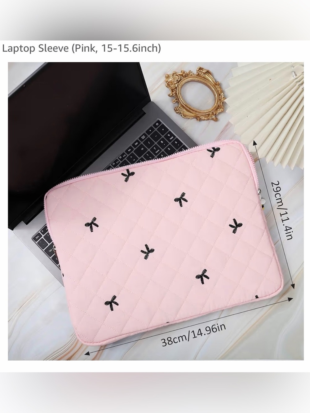 New Pink Quilted Laptop Sleeve with Bow Accents